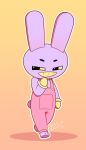  2023 animal_crossing anthro clothed clothing fur glitch_productions gloves grin handwear hi_res i3i2455_ivi394 jax_(the_amazing_digital_circus) lagomorph leporid looking_at_viewer male mammal nintendo overalls purple_body rabbit simple_background smile solo the_amazing_digital_circus 