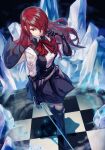  1girl black_footwear black_gloves boots elbow_gloves from_above gloves hair_over_one_eye holding holding_weapon ice kirijou_mitsuru long_hair online_neet persona persona_3 red_eyes red_hair solo weapon 