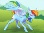  2023 4:3 absurd_res blue_body blue_feathers blue_fur cutie_mark digital_media_(artwork) dock equid equine eyelashes feathered_wings feathers female feral friendship_is_magic fur grass hair hasbro hi_res inner_ear_fluff mammal mammalian00alien multicolored_hair multicolored_tail my_little_pony pegasus pink_eyes plant rainbow_dash_(mlp) rainbow_hair rainbow_tail signature smile solo tail tuft wings 