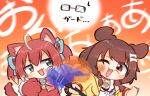  2girls absurdres ahoge akainu_pony akami_karubi animal_ears animal_hands bone_hair_ornament bow braid brown_hair cane cat_ears chibi crosscounter dog_ears dog_girl fang fighting glasses gloves glowing_fist green_eyes hair_ornament highres hololive indie_virtual_youtuber inugami_korone inugami_korone_(1st_costume) kazunoko_(gamer) multiple_girls one_eye_closed orange_background paw_gloves punching red_eyes red_hair street_fighter street_fighter_6 twin_braids twintails virtual_youtuber 