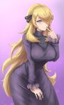  1girl alternate_eye_color blonde_hair blue_eyes breasts closed_mouth commission cosplay cynthia_(pokemon) dress hair_ornament hair_over_one_eye hex_maniac_(pokemon) hex_maniac_(pokemon)_(cosplay) highres large_breasts long_hair pokemon pokemon_(game) pokemon_dppt pokemon_xy purple_background purple_dress purple_nails skyde_kei smile solo taut_clothes taut_dress turtleneck v very_long_hair 
