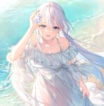  1girl beach blue_eyes blush breasts dress flower hair_between_eyes hair_flower hair_ornament holding holding_clothes holding_skirt large_breasts long_hair lyseria_christaria official_art open_mouth sand seiken_gakuin_no_maken_tsukai skirt standing toosaka_asagi white_dress white_hair 