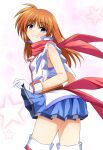  absurdres alternate_hairstyle bare_shoulders blush boots bow breasts brown_hair clothes_lift commission eyebrows_hidden_by_hair from_behind gloves grin hair_down highres long_hair looking_at_viewer lyrical_nanoha mahou_shoujo_lyrical_nanoha oshimaru026 pixiv_commission purple_eyes red_bow scarf skirt skirt_lift sleeveless small_breasts smile smug star_(symbol) takamachi_nanoha white_gloves 