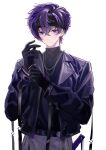  1boy absurdres bishounen black_gloves cowboy_shot gloves headband highres indie_virtual_youtuber jacket leather leather_jacket male_focus purple_eyes purple_hair shoto_(vtuber) solo yama_(yamaxxxaoi) 