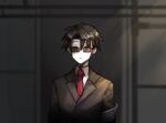  1boy armband black_hair black_jacket chinese_commentary collared_shirt commentary_request employee_(lobotomy_corporation) expressionless jacket lobotomy_corporation looking_at_viewer male_focus necktie no_nose pale_skin project_moon rectangular_eyewear red_necktie shirt short_hair smoke_(killscreen_s) solo suit sunglasses white_shirt 