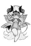  1girl angel_wings breasts cyclops demon_horns demon_tail dress fangs full_body hand_on_own_hip hatching_(texture) highres horns one-eyed original pointy_ears short_dress short_hair small_breasts smile solo standing standing_on_one_leg tail v wide_hips wings zombiemiso 