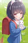  1girl aged_down animal animal_ears azel_(laevateinn495) backpack bag black_hair blue_archive blue_serafuku blurry blurry_background commentary_request fake_animal_ears grass green_neckerchief halo headgear highres holding holding_animal holding_rabbit long_sleeves looking_at_viewer miniskirt miyu_(blue_archive) neckerchief open_mouth outdoors pleated_skirt puffy_long_sleeves puffy_sleeves rabbit_ears randoseru red_bag red_eyes sailor_collar school_uniform serafuku short_hair skirt solo white_halo white_sailor_collar 