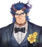  1boy alternate_costume bara beard_stubble bespectacled black_bow black_bowtie black_vest blue_hair boutonniere bow bowtie broken_horn closed_mouth dark_blue_hair demon_boy demon_horns facial_hair fang fiery_horns flower formal glasses highres horns huge_eyebrows ina_zuma long_sideburns male_focus mature_male red_eyes scar shirt sideburns solo stubble suit takemaru_(housamo) thick_eyebrows tokyo_afterschool_summoners upper_body vest waistcoat white_shirt 
