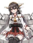  1girl black_hair boots breasts brown_eyes cannon detached_sleeves frilled_skirt frills hair_between_eyes hairband haruna_(kancolle) haruna_kai_ni_(kancolle) headgear highres japanese_clothes kantai_collection large_breasts long_hair looking_at_viewer nontraditional_miko red_skirt ribbon-trimmed_sleeves ribbon_trim rigging skirt smile solo thigh_boots totoraisu turret wide_sleeves 