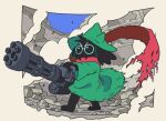  1boy animal_ears building commentary_request deltarune fangs fangs_out floating_scarf furry furry_male gatling_gun glasses goat_ears green_headwear green_robe gun hat holding holding_gun holding_weapon horns houten_(dre_a_mer) indoors minigun pink_scarf ralsei robe rock round_eyewear rubble ruins scarf smoke solo standing torn_robe torn_scarf v-shaped_eyebrows weapon 