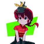  1girl animal apple-boy bandana black_pants braid braided_ponytail breasts chinese_clothes hair_between_eyes p-chan pants pig ranma-chan ranma_1/2 red_hair yellow_bandana 