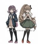  2girls black_thighhighs criis-chan crossover danganronpa_(series) danganronpa_2:_goodbye_despair full_body identity_v jacket long_hair medium_hair multiple_girls nanami_chiaki neck_ribbon open_clothes open_jacket ribbon shoes smile sonia_nevermind standing thighhighs 