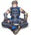  1boy aged_up bara black_bodysuit blue_shirt bodysuit bracer bulge chest_belt clothing_cutout covered_abs covered_penis facial_hair full_body goatee leg_belt light_brown_hair looking_at_viewer male_focus muscular muscular_male one_eye_covered radx26 rex_(xenoblade) scar scar_across_eye shirt shoes short_hair sitting solo spiked_hair spread_legs stubble thigh_cutout xenoblade_chronicles_(series) 