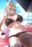  1girl bare_shoulders beach beach_umbrella bikini black_bikini blue_sky blush breasts cleavage collarbone fate/grand_order fate_(series) green_hair grey_eyes hair_between_eyes hair_ornament hairpin highres huyan_zhuo_(fate) large_breasts long_hair looking_at_viewer minami_koyogi multicolored_hair navel sky solo streaked_hair swimsuit thighs umbrella white_hair 