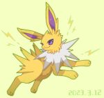  animal_focus commentary_request dated dot_nose green_background jolteon lightning_bolt_symbol no_humans pokemon pokemon_(creature) purple_eyes smile solo towa_(clonea) yellow_fur 