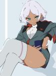  1girl asticassia_school_uniform atenaba cellphone crossed_legs green_eyes green_jacket gundam gundam_suisei_no_majo highres holding holding_phone jacket leotard looking_at_viewer medium_hair phone school_uniform secelia_dote sitting smartphone solo thighhighs white_hair white_leotard white_nails white_thighhighs 