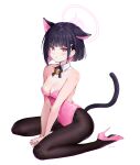  1girl animal_ears bare_shoulders bell black_choker black_hair blue_archive blush breasts cat_ears choker colored_inner_hair detached_collar extra_ears hair_ornament hairclip halo highres jingle_bell kazusa_(blue_archive) leotard looking_at_viewer medium_breasts multicolored_hair pantyhose pink_hair red_eyes rity short_hair sitting solo strapless strapless_leotard tail two-tone_hair wariza 