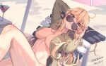  1girl adjusting_eyewear aviator_sunglasses blonde_hair blue_eyes bottomless breasts cleavage commentary_request dog highres himeyamato iowa_(kancolle) jacket kantai_collection large_breasts long_hair looking_over_eyewear lying no_bra no_pants on_back puppy revision solo star-shaped_pupils star_(symbol) sunglasses symbol-shaped_pupils victory_(dog) 