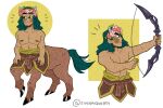  anthro blush bow_(weapon) brown_body brown_fur centaur clothed clothing equid equid_taur equine flower flower_crown fur green_eyes green_hair green_tail hair head_wreath holding_object holding_weapon hooves horn horned_humanoid horse human humanoid humanoid_taur latreus male mammal mammal_taur nipples plant ranged_weapon simple_background smile solo tail taur weapon zipperqwerty 