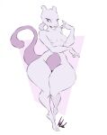 2_toes anthro breasts dullvivid feet female generation_1_pokemon half-closed_eyes hi_res legendary_pokemon mewtwo narrowed_eyes nintendo pokemon pokemon_(species) purple_body purple_skin simple_background small_breasts smile solo thick_thighs tiptoes toes white_background white_body white_skin wide_hips 