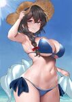  1girl absurdres armpits artist_name bikini blue_bikini blue_eyes blush braid breasts front-tie_bikini_top front-tie_top hat highres huge_breasts kantai_collection kokutou_(goto123kokutoh) looking_at_viewer medium_hair official_alternate_costume outdoors sarong shigure_(kancolle) shigure_kai_san_(kancolle) side-tie_bikini_bottom single_braid solo straw_hat swimsuit wet wide_hips 