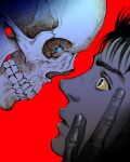  1boy berserk black_hair blue_eyes colored_sclera commentary english_commentary eye_contact fingernails guts_(berserk) hands_on_another&#039;s_face highres looking_at_another nisino2222 open_mouth parted_lips red_background skeleton skull teeth 