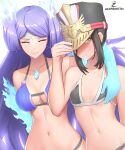  2girls absurdres bare_arms bare_shoulders bikini black_bikini black_hair black_headwear blue_fire blush breasts brighid_(xenoblade) brown_eyes closed_eyes closed_mouth collarbone commentary english_commentary facial_mark fire forehead_mark hand_on_headwear hand_up hat highres medium_breasts military_hat morag_ladair_(xenoblade) multiple_girls navel nose_blush prehensile_hair purple_bikini purple_hair simple_background swimsuit twitter_username white_background xenoblade_chronicles_(series) xenoblade_chronicles_2 zambonito 
