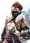  1boy fire_emblem fire_emblem_fates fire_emblem_heroes fox_mask fur_trim highres leon0630claude mask mouth_mask ninja ninja_mask official_alternate_costume one_eye_closed pectorals red_eyes red_hair saizo_(fire_emblem) saizo_(ninja)_(fire_emblem) scar scar_across_eye solo unworn_mask 