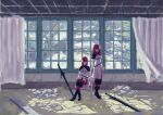  2girls black_footwear blue_eyes blunt_bangs boots commentary_request curtains devola dress flower hair_between_eyes hair_flower hair_ornament highres medium_hair multiple_girls nier nier_(series) nutori_manga pants popola red_hair red_pants sunlight sword weapon white_dress window 