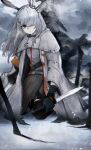  1girl absurdres animal_ears arknights black_gloves black_thighhighs cloud cloudy_sky coat ear_ornament frostnova_(arknights) gloves grey_coat grey_eyes grey_hair grey_shirt grey_sky hair_ornament hair_over_one_eye hairclip highres holding holding_knife kneeling knife long_hair long_sleeves one_eye_covered outdoors overcast rabbit_ears rabbit_girl sasahara_(shou_goi) scar scar_on_face scar_on_nose shirt sky solo thighhighs wide_sleeves 