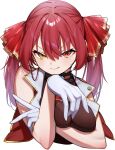  1girl ascot bare_shoulders breasts dot_keter gloves hair_between_eyes hair_ribbon heterochromia highres hololive houshou_marine houshou_marine_(1st_costume) large_breasts leotard red_ascot red_eyes red_hair red_ribbon ribbon see-through see-through_leotard shadow solo twintails upper_body white_gloves yellow_eyes 