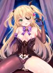  1girl bare_shoulders bat_ornament black_ribbon blonde_hair blush bodystocking bow bowtie breasts collar cum cum_in_mouth cum_in_pussy cum_on_body cum_on_breasts eyepatch fischl_(genshin_impact) genshin_impact gloves green_eyes hair_over_one_eye hair_ribbon highres leotard long_hair looking_at_viewer medium_breasts open_mouth purple_bow purple_bowtie purple_ribbon ribbon shaian single_leg_pantyhose single_sleeve smile solo syringe tailcoat textless_version two_side_up 