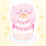  anniversary blue_eyes cake candle food fork fruit highres holding holding_fork holding_spoon icing kirby kirby_(series) no_humans open_mouth plate siho1209 solo sparkle spoon strawberry white_background 
