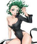  1girl :o black_dress breasts cleavage covered_navel curly_hair dismaiden dress green_eyes green_hair hand_up highres looking_at_viewer one-punch_man open_mouth side_slit simple_background small_breasts solo tatsumaki torn_clothes torn_dress white_background 
