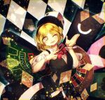  1other androgynous argyle argyle_background bad_id bad_pixiv_id between_fingers black_background black_hairband black_skirt black_vest blackjack_table blonde_hair bow bowtie card center_frills club_(shape) collared_shirt dated dice_hair_ornament eye_of_senri fingernails floating_card frills hair_ornament hairband hand_up heart holding holding_card len&#039;en looking_at_viewer one_eye_closed open_mouth playing_card puffy_short_sleeves puffy_sleeves red_bow red_bowtie roulette_table shirt short_hair short_sleeves signature skirt skirt_set smile solo table two-tone_background upper_body v-neck vest white_background white_shirt white_wrist_cuffs xeno_a yellow_eyes yellow_nails yukkyon_kyon 