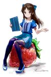  1girl artist_name black_thighhighs blue_dress blue_ribbon blush breasts brown_eyes brown_hair closed_mouth collarbone dot_nose dress food fruit full_body hair_ribbon high_heels highres holding holding_notebook idolmaster idolmaster_cinderella_girls idolmaster_cinderella_girls_starlight_stage idolmaster_cinderella_girls_u149 long_hair looking_at_viewer notebook ribbon short_sleeves signature simple_background sitting_on_food small_breasts smile solo strawberry tachibana_arisu thighhighs white_background xxxhanaremexxx zettai_ryouiki 