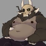  2_horns 3_fingers anthro belly belly_grab big_belly binca_233 bone claws clothed clothing countershading disney fingers fluffy fur grey_background grey_body grey_fur hand_on_stomach hi_res horn male moobs multicolored_body multicolored_fur navel neck_tuft nipples overweight overweight_anthro overweight_male papa_titan_(the_owl_house) simple_background sitting skull skull_head solo the_owl_house titan_(the_owl_house) topless tuft two_tone_body two_tone_fur yellow_eyes 