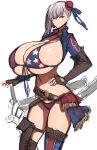  1girl absurdres american_flag_bikini asymmetrical_hair bikini boots bow_swimsuit breasts bun_cover fate/grand_order fate_(series) fingerless_gloves flag_print gloves gunblade hair_bun hand_on_own_hip highres huge_breasts looking_at_viewer miyamoto_musashi_(fate) miyamoto_musashi_(swimsuit_berserker)_(fate) miyamoto_musashi_(swimsuit_berserker)_(second_ascension)_(fate) shrug_(clothing) side-tie_swimsuit single_hair_bun single_hair_intake single_side_bun single_sidelock single_thigh_boot standing swept_bangs swimsuit thigh_boots two-tone_swimsuit weapon white_background wolffeld_price 