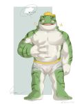  1boy =_= abs absurdres bara belly_grab deep_skin deformed frog_boy full_body goo_(koushishikou11) highres large_hands large_pectorals male_focus male_underwear muscular muscular_male original pectorals plump see-through short_hair solo sparkle standing tiger_stripes topless_male underwear wet wet_clothes wet_male_underwear white_male_underwear 
