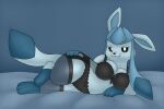  2023 anthro bed black_clothing blue_body blue_eyes blue_fur bra breasts clothing eeveelution female fur furniture generation_4_pokemon glaceon hand_on_hip legwear looking_at_viewer lying nintendo on_bed on_side panties pokemon pokemon_(species) solo stockings underwear wafflefox 