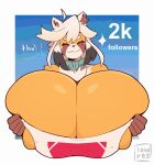  absurd_res ailurid anthro big_breasts black_hair breasts brown_body brown_fur cleavage clothed clothing dialogue eyes_closed female fur hair hi_res holding_breast huge_breasts hyper hyper_breasts kiki_(low_res_art) low_res_art mammal milestone multicolored_body multicolored_fur multicolored_hair orange_body orange_fur red_panda side_boob signature smile solo speech_bubble text topwear white_body white_fur white_hair 