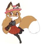  anthro averi_(fiddleafox) bottomwear brown_body brown_eyes brown_fur canid canine clothing dipstick_tail female female_anthro fiddleafox fox fur gloves_(marking) hair hat headgear headwear leg_markings looking_at_viewer mammal markings nintendo pokeball pokemon serena_(pokemon) simple_background skirt socks_(marking) solo standing tail tail_markings white_body white_fur 