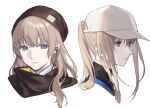  2girls baseball_cap beanie blonde_hair blue_eyes breasts brown_hair cropped_shoulders expressionless girls&#039;_frontline hair_clipper hat highres long_hair looking_at_viewer medium_breasts mik_blamike multiple_girls parted_lips ponytail scar-h_(girls&#039;_frontline) scar-l_(girls&#039;_frontline) scarf sidelocks simple_background teeth white_background white_headwear 