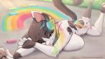  anthro black_spots blue_eyes breasts domestic_cat felid feline felis female fur hi_res looking_at_viewer mammal one_eye_closed pawpads rainbowscreen solo spots spotted_body spotted_fur tail tongue tongue_out white_body white_fur 