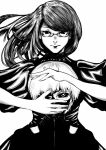  1boy 1girl absurdres closed_mouth euqarcia glasses highres kamishiro_rize kaneki_ken long_hair looking_at_viewer mask monochrome one_eye_covered semi-rimless_eyewear short_hair smile tokyo_ghoul upper_body wide_sleeves 