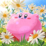  :i arms_up blue_eyes blue_sky blush blush_stickers closed_mouth cloud commentary_request day flower flower_request grass highres kirby kirby_(series) lens_flare miclot no_humans outdoors plant sitting sky solo sun sunlight white_flower 