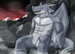  abs absurd_res anthro biped countershade_torso countershading dragon eyes_closed fangs grey_body grey_scales hi_res horn hot_spring ivxair3p male muscular muscular_anthro nude open_mouth outside partially_submerged reptile scales scalie slit solo teeth water wings 