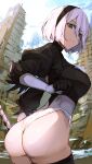  1girl ass ass_focus black_hairband black_shirt black_thighhighs blue_eyes blue_sky breasts closed_mouth cloud commentary feather-trimmed_sleeves gloves hair_between_eyes hairband highres katana large_breasts leotard looking_at_viewer nasubin_(nasubisamurai15) nier:automata nier_(series) outdoors shirt short_hair sky solo sword symbol-only_commentary thighhighs thong_leotard weapon white_hair white_leotard yorha_no._2_type_b 