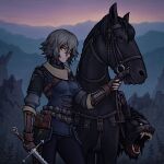  1boy 1girl absurdres armor black_hair black_horse blank_eyes breastplate brown_eyes disembodied_head dusk fantasy fingerless_gloves genderswap genderswap_(mtf) geralt_of_rivia gloves grey_hair highres holding holding_reins holding_sword holding_weapon horse jacket leather leather_armor leather_gloves leather_jacket looking_at_viewer medieval mountain open_mouth pointy_ears pouch reins roach_(witcher) sharp_teeth short_hair slit_pupils soulless_sketch studded_gloves sunset sword teeth the_witcher_(series) the_witcher_3 weapon werewolf yellow_eyes 