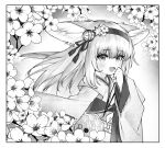  1girl :d animal_ears arknights black_border blush border clenched_hand flower fox_ears greyscale hair_flower hair_ornament hair_ribbon hairband hand_up highres japanese_clothes kimono long_hair long_sleeves looking_at_viewer monochrome open_mouth ribbon smile soda_(sod4) solo straight_hair suzuran_(arknights) suzuran_(yukibare)_(arknights) upper_body white_border wide_sleeves 